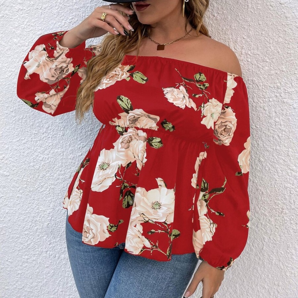 Boho Plus Floral Print Off Shoulder Cottagecore Top - Picture 5 of 9